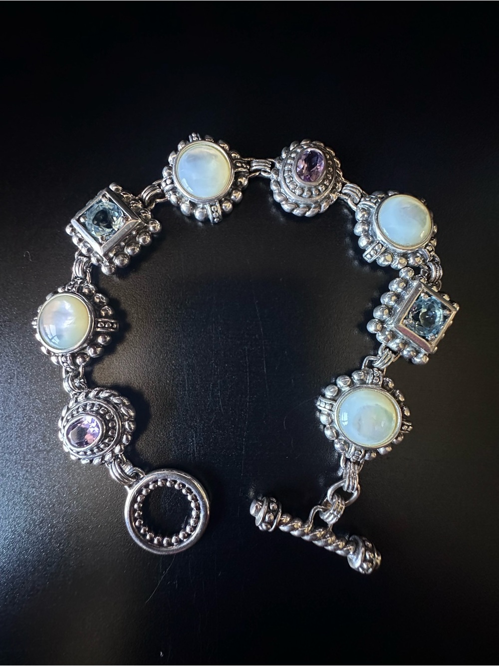 925 Sterling Silver Vintage MOP, Amethyst, Blue Topaz Gem Link Bracelet